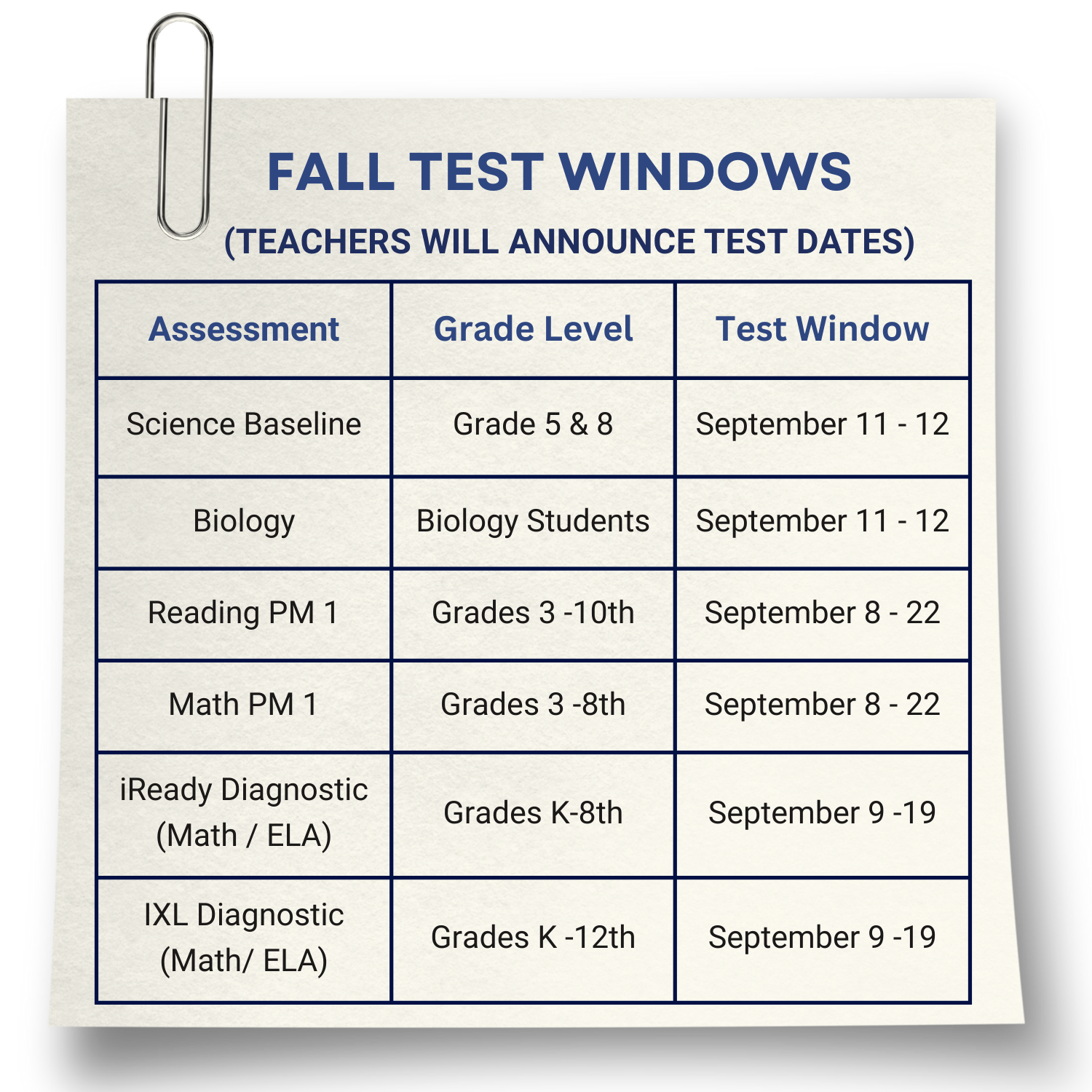 Testing Window For Students Testing